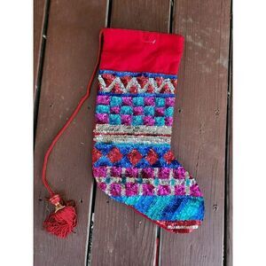 Vintage Red Velvet Sequined Christmas Satin Lined Gold Beaded Tassel‎ GORGEOUS